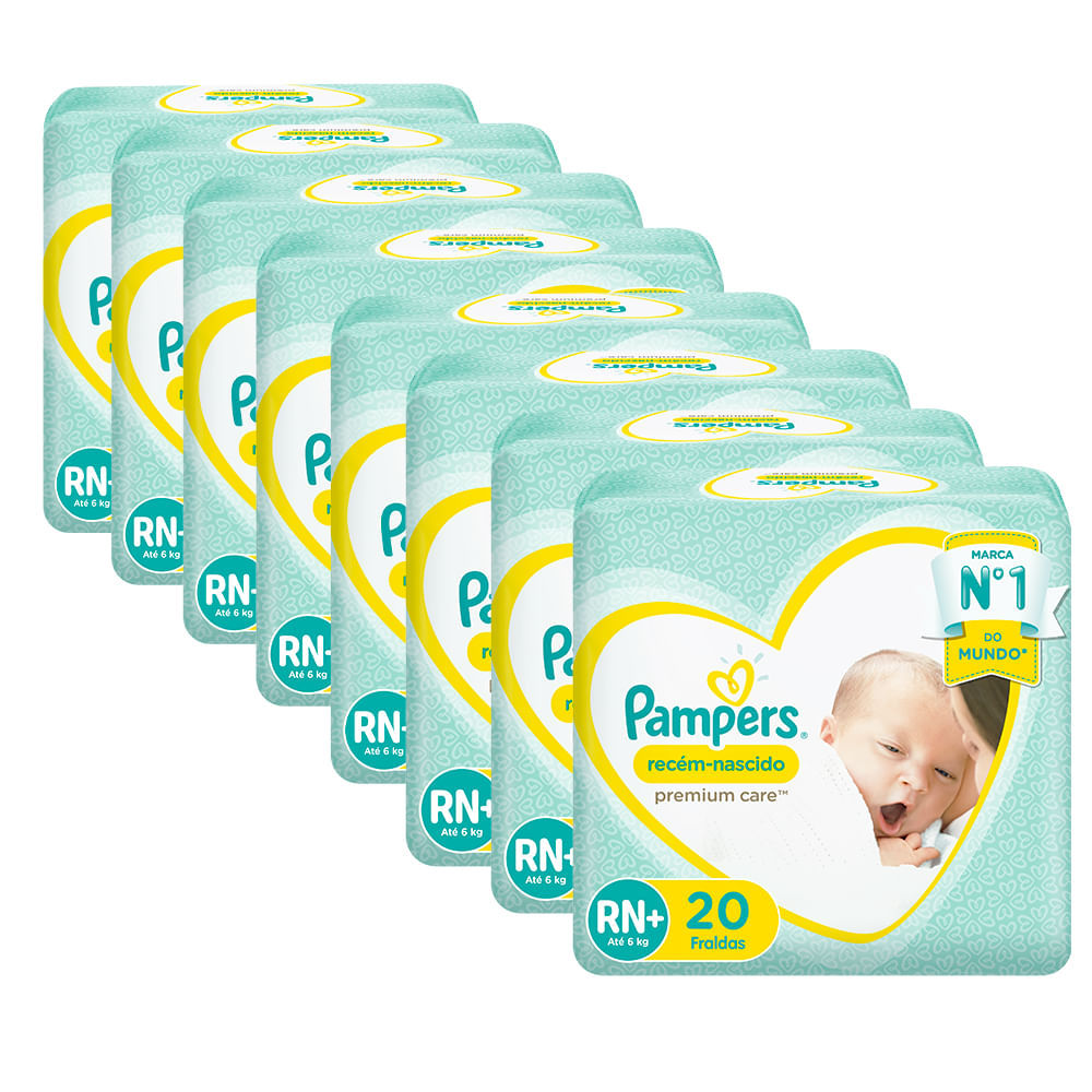 Kit 8 Fralda Descartável Pampers Premium Care Recém-Nascido RN+ 160 Tiras Kit 8 Fralda Descartável Pampers Premium Care Recém-Nascido RN+ 160 Tiras