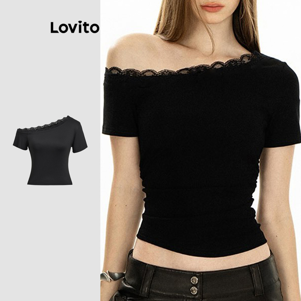 Lovito Camisa Casual Lisa Assimétrica Ombro Vazado Gola Com Babados – Verão/primavera Para Mulheres L120ED484 Lovito Camisa Casual Lisa Assimétrica Ombro Vazado Gola Com Babados – Verão/primavera Para Mulheres L120ED484