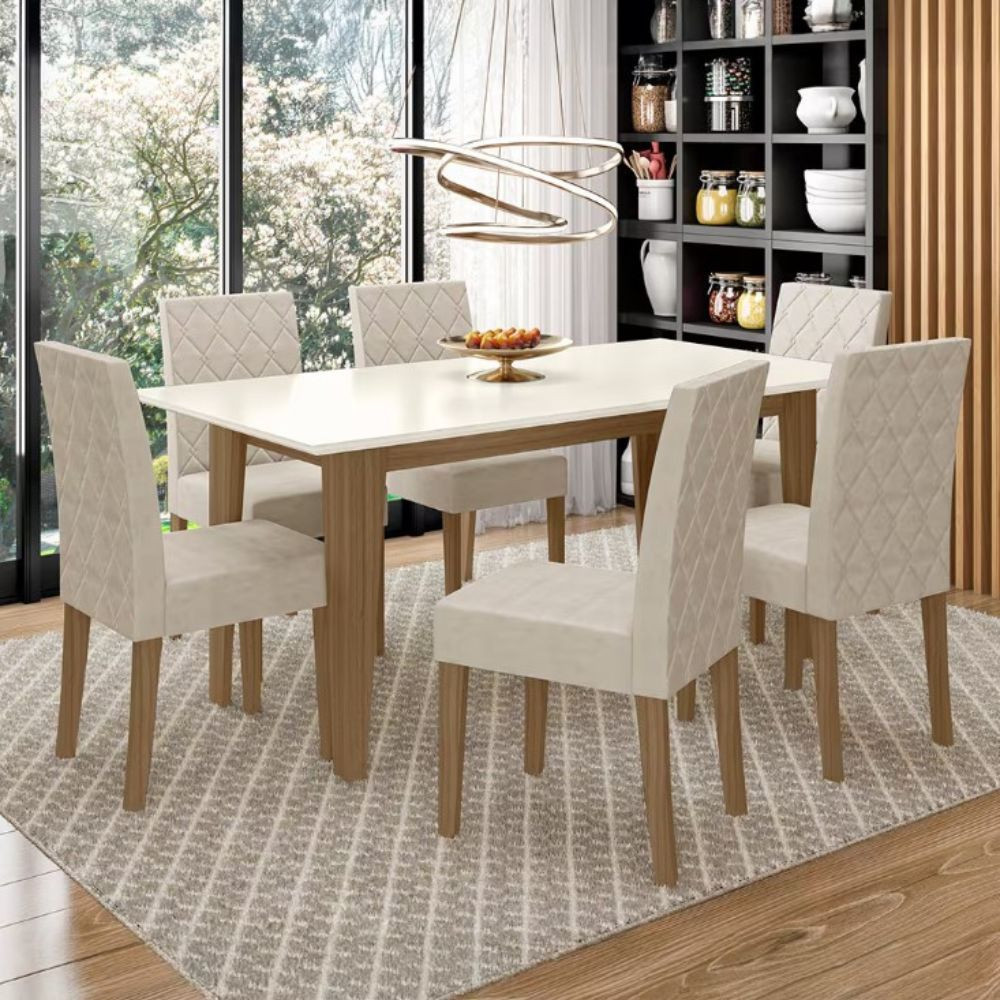 Mesa de Jantar Retangular Liz com 6 Cadeiras Estofadas e Revestidas em Suede Poliman Mesa de Jantar Retangular Liz com 6 Cadeiras Estofadas e Revestidas em Suede Poliman