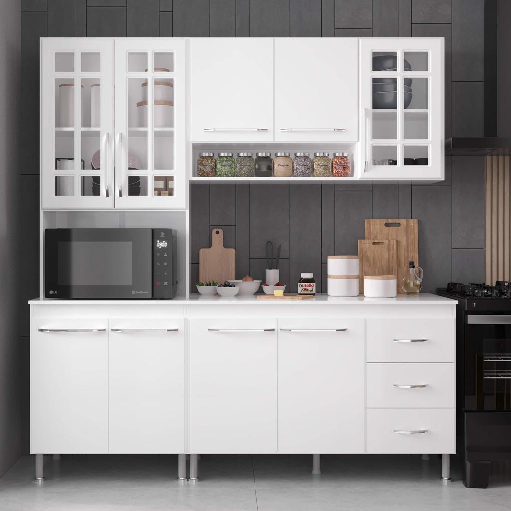 Cozinha Modulada Compacta Fidelitá Viena 3 Peças 190cm 9 Portas 3 Gavetas Com Tampo Branco Cozinha Modulada Compacta Fidelitá Viena 3 Peças 190cm 9 Portas 3 Gavetas Com Tampo Branco