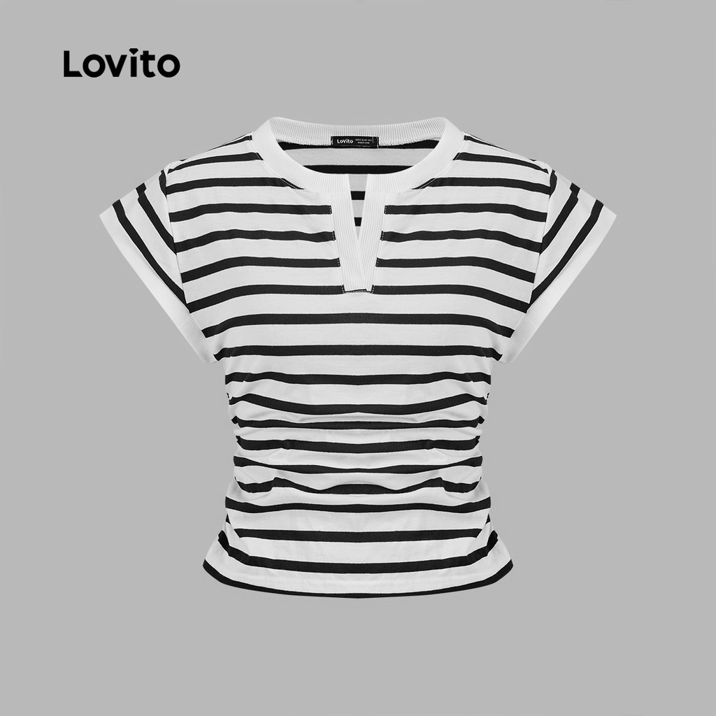 Lovito Camiseta Casual Listrada Franzida Para Mulheres LNE46342 Lovito Camiseta Casual Listrada Franzida Para Mulheres LNE46342
