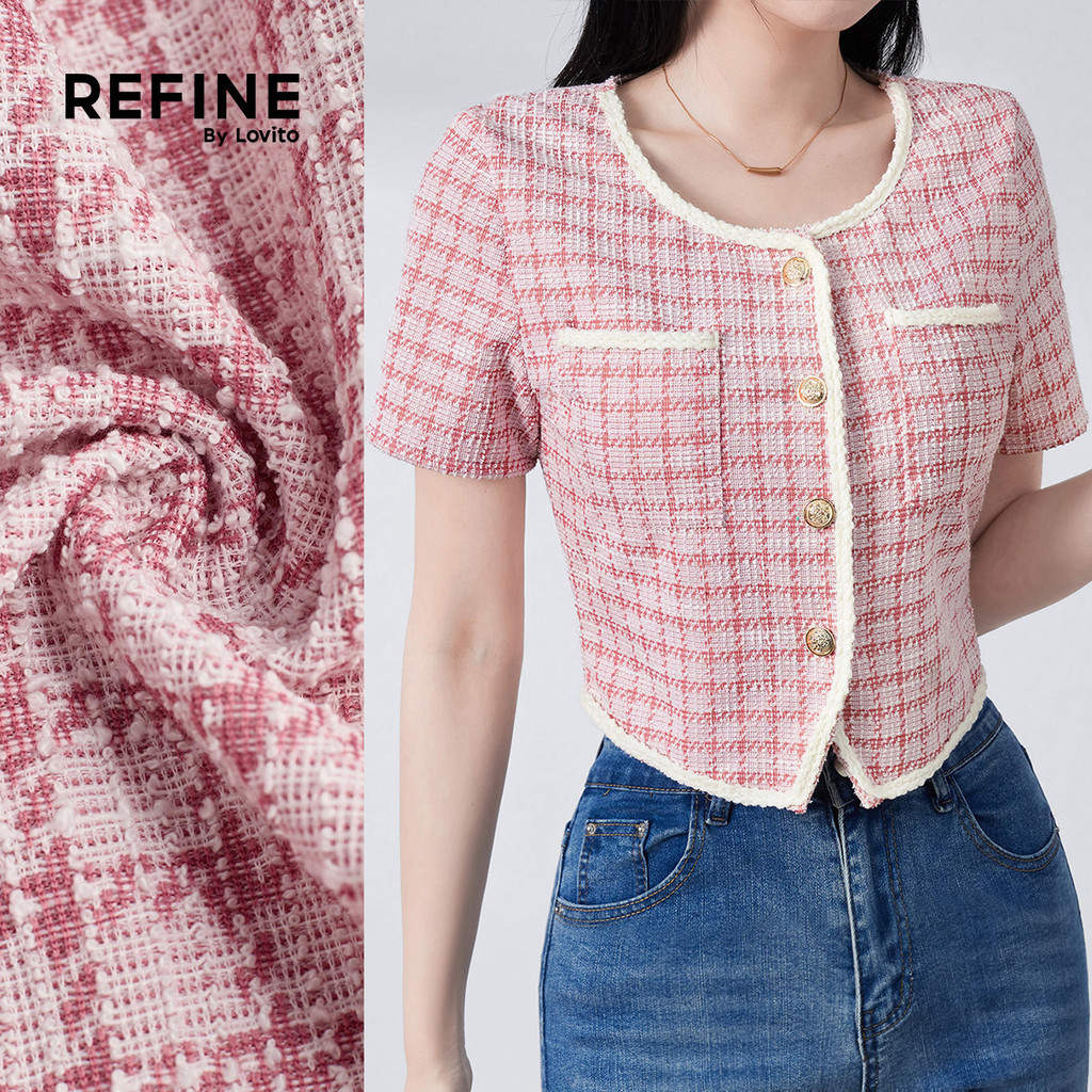 (Refine by Lovito) Blusa Casual Jacquard Botão Frontal Primavera/verão Blusa Rosa para mulheres. LR32E376 (Refine by Lovito) Blusa Casual Jacquard Botão Frontal Primavera/verão Blusa Rosa para mulheres. LR32E376