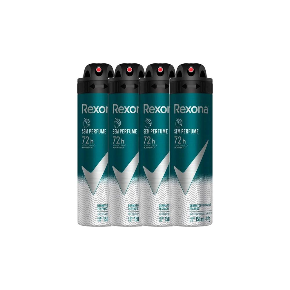 Kit 4 Desodorante Antitranspirante Aerosol Masculino Rexona Sem Perfume 72 horas 150ml Kit 4 Desodorante Antitranspirante Aerosol Masculino Rexona Sem Perfume 72 horas 150ml
