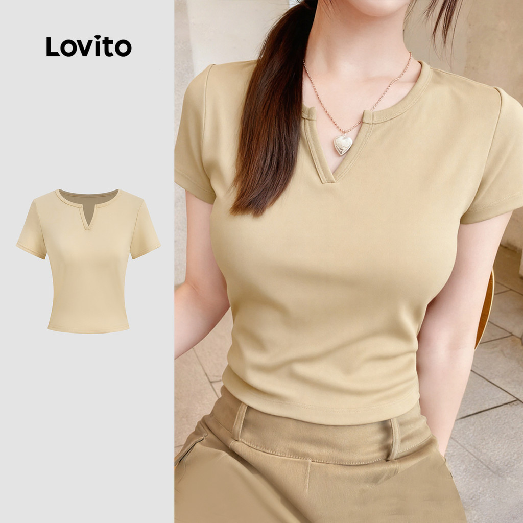 Lovito Camiseta Casual Minimalista Decote V Primavera/verão Camiseta Khaki para Mulheres L172ED1214 Lovito Camiseta Casual Minimalista Decote V Primavera/verão Camiseta Khaki para Mulheres L172ED1214