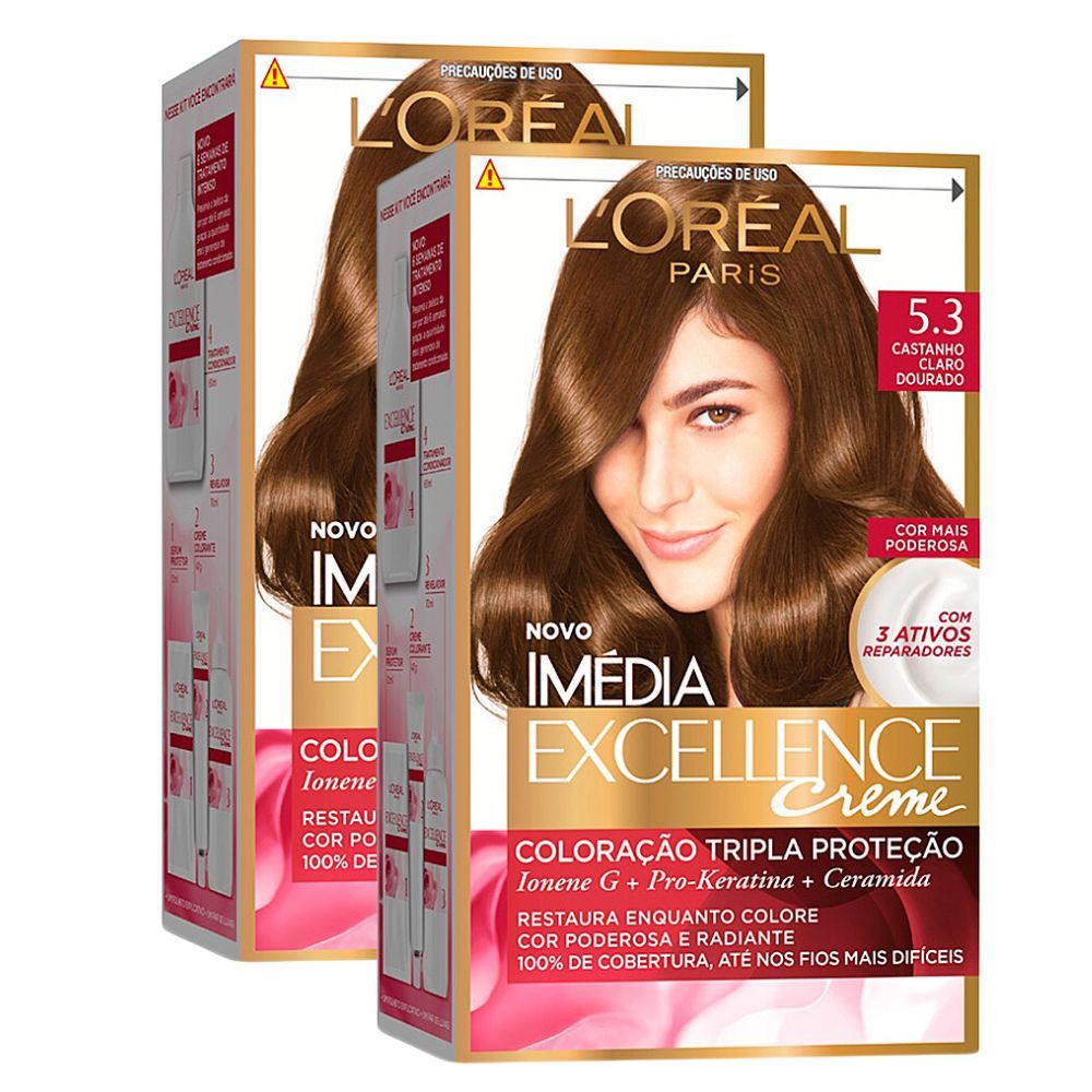 Kit 2 Tintura Creme Imédia Excellence L’oréal Castanho Claro Dourado 5.3 Kit Kit 2 Tintura Creme Imédia Excellence L’oréal Castanho Claro Dourado 5.3 Kit