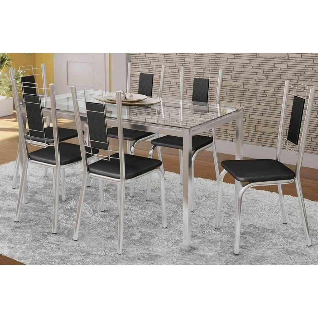 Sala de Jantar Completa Reno c/ Tampo de Vidro 150x80cm e 6 Cadeiras Florença Cromada/Preto 110 – Kappesberg Sala de Jantar Completa Reno c/ Tampo de Vidro 150x80cm e 6 Cadeiras Florença Cromada/Preto 110 – Kappesberg