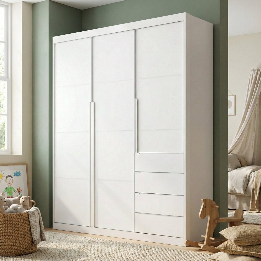 Guarda-Roupa Infantil 3 Portas e 4 Gavetas 220cm Pérola Branco Branco Guarda-Roupa Infantil 3 Portas e 4 Gavetas 220cm Pérola Branco Branco