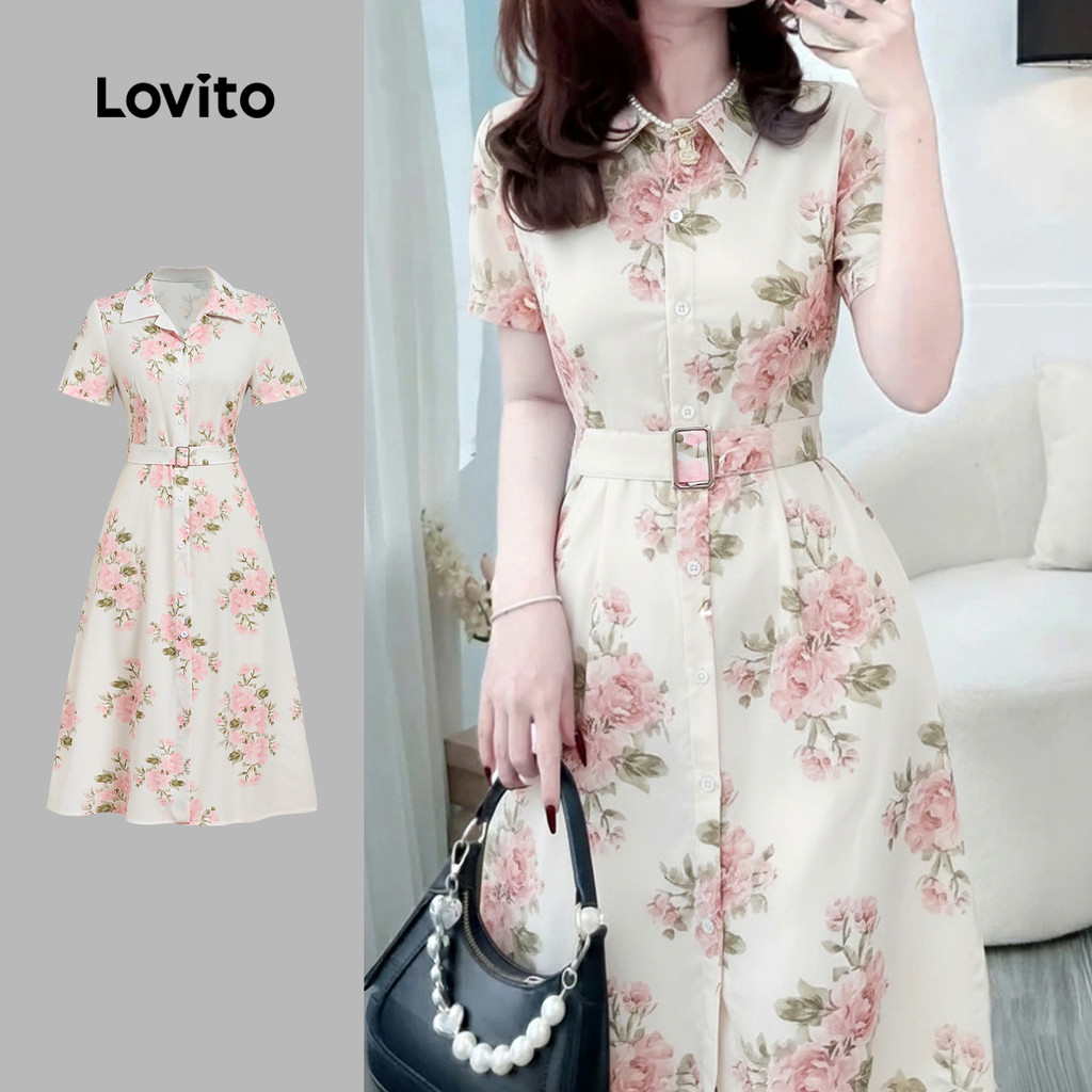 Lovito Vestido Branco Casual Chique E Elegante Com Estampa Floral Botões Frontais E Cinto Primavera/verão LBL32066 Lovito Vestido Branco Casual Chique E Elegante Com Estampa Floral Botões Frontais E Cinto Primavera/verão LBL32066