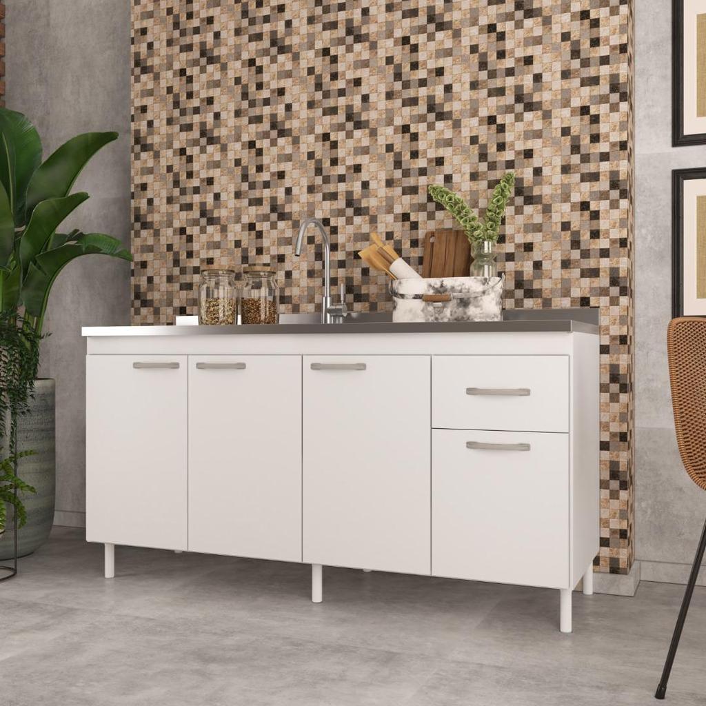 Balcão de Cozinha para Pia de 160cm Sem Tampo Suiça Fidelitá 4 Portas 1 Gaveta Branco Balcão de Cozinha para Pia de 160cm Sem Tampo Suiça Fidelitá 4 Portas 1 Gaveta Branco