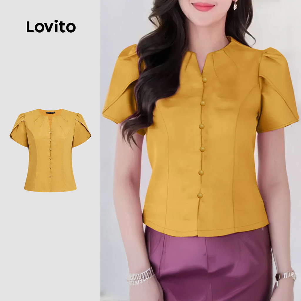 Lovito Blusa Casual com Botão Frontal Blusa Amarela Simples Primavera/verão para Mulheres L172ED361 Lovito Blusa Casual com Botão Frontal Blusa Amarela Simples Primavera/verão para Mulheres L172ED361