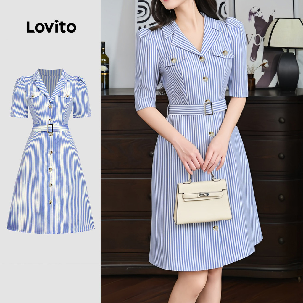 Lovito Vestido Elegante Casual E Confortável Com Cinto Em Azul Claro Primavera/verão Para Mulheres L172ED130 Lovito Vestido Elegante Casual E Confortável Com Cinto Em Azul Claro Primavera/verão Para Mulheres L172ED130