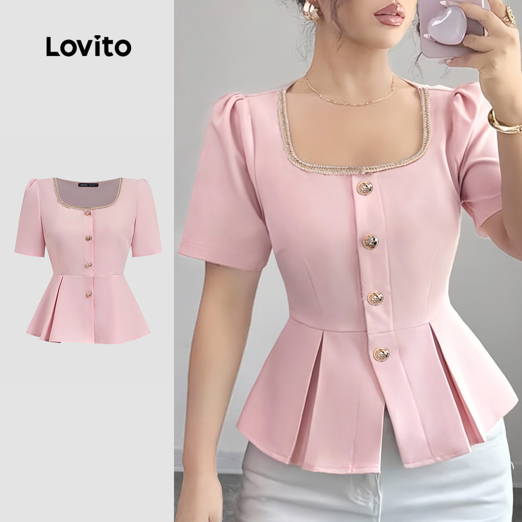 Lovito Blusa elegante pérolas botão plissado primavera/verão blusa rosa para mulheres LK3ED099 Lovito Blusa elegante pérolas botão plissado primavera/verão blusa rosa para mulheres LK3ED099