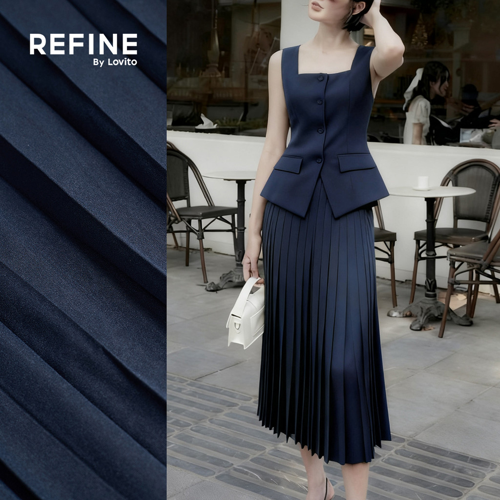 (Refine by Lovito) Elegantes Plissados com e Bolso Falso Saia Azul Marinho Primavera/verão para Mulheres LR32L021 (Refine by Lovito) Elegantes Plissados com e Bolso Falso Saia Azul Marinho Primavera/verão para Mulheres LR32L021
