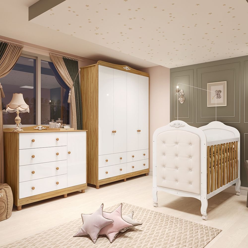 Quarto de Bebê com Guarda-roupa Cômoda e Berço com Capitonê 100% Mdf Maya Clássico Espresso Móveis Branco Quarto de Bebê com Guarda-roupa Cômoda e Berço com Capitonê 100% Mdf Maya Clássico Espresso Móveis Branco