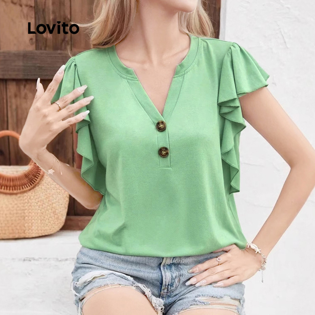 Lovito Camiseta Casual Babado Botão Frontal Primavera/verão Verde para Mulheres. LNL134178 Lovito Camiseta Casual Babado Botão Frontal Primavera/verão Verde para Mulheres. LNL134178