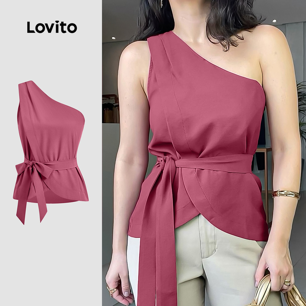 Lovito Casual Top Assimétrico Cinto Rosa Vermelho Feminino L171AD055 Lovito Casual Top Assimétrico Cinto Rosa Vermelho Feminino L171AD055