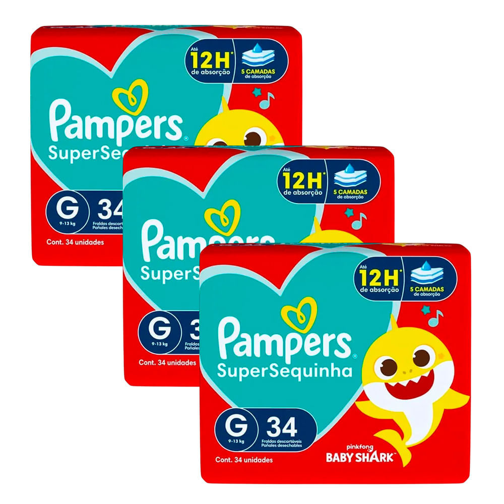 Kit 3 Fraldas Descartáveis Pampers Supersequinha Mega G – 102 Tiras