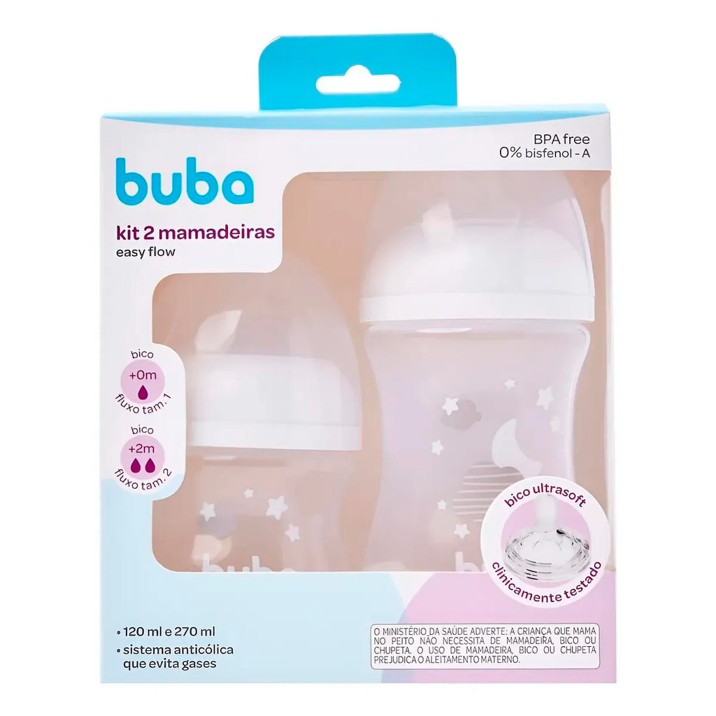 Kit 2 Mamadeiras Buba Easy Flow Anticólica Nuvem Branca Kit 2 Mamadeiras Buba Easy Flow Anticólica Nuvem Branca