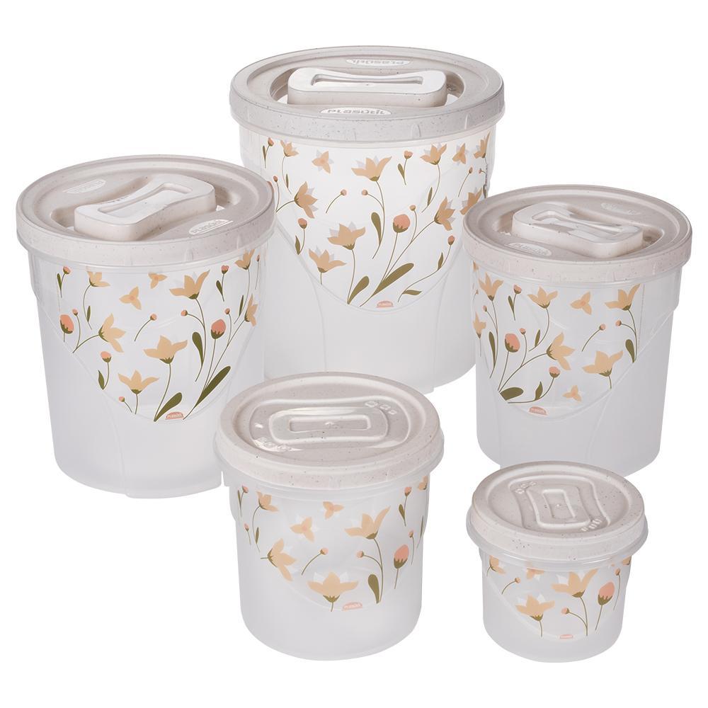 Kit 5 Potes Porta Mantimentos Redondo Branco Floral Plasútil Kit 5 Potes Porta Mantimentos Redondo Branco Floral Plasútil