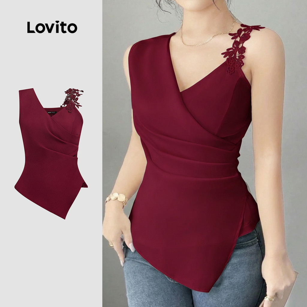 Lovito Blusa Casual De Festa Vermelha Com Apliques Assimétricos Ideal Para Primavera/verão Em Tom Off-white LK2ED133 Lovito Blusa Casual De Festa Vermelha Com Apliques Assimétricos Ideal Para Primavera/verão Em Tom Off-white LK2ED133