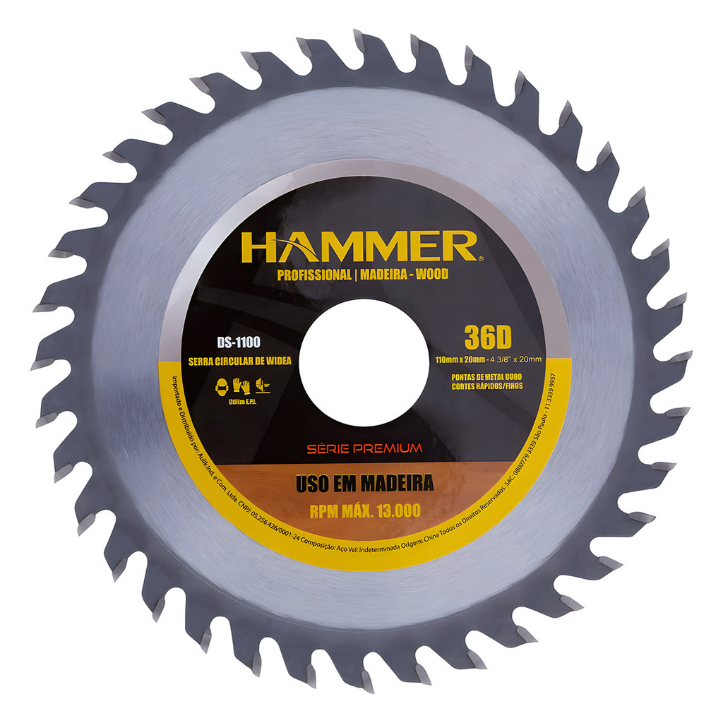 Disco De Corte Serra Circular Para Madeira 110mm C/36 Dentes Hammer Disco De Corte Serra Circular Para Madeira 110mm C/36 Dentes Hammer