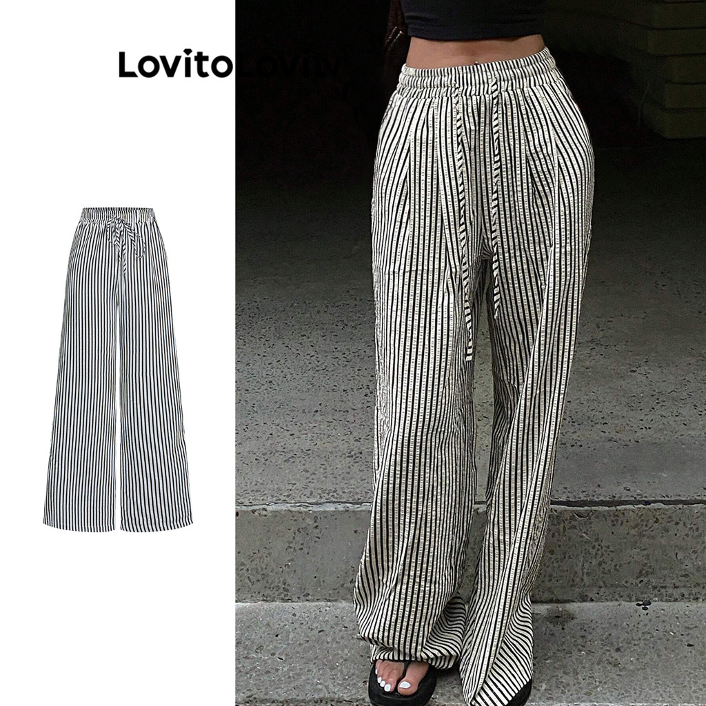 Lovito Calça Casual Listrada Com Cadarço Para Mulheres L99ED877 Lovito Calça Casual Listrada Com Cadarço Para Mulheres L99ED877
