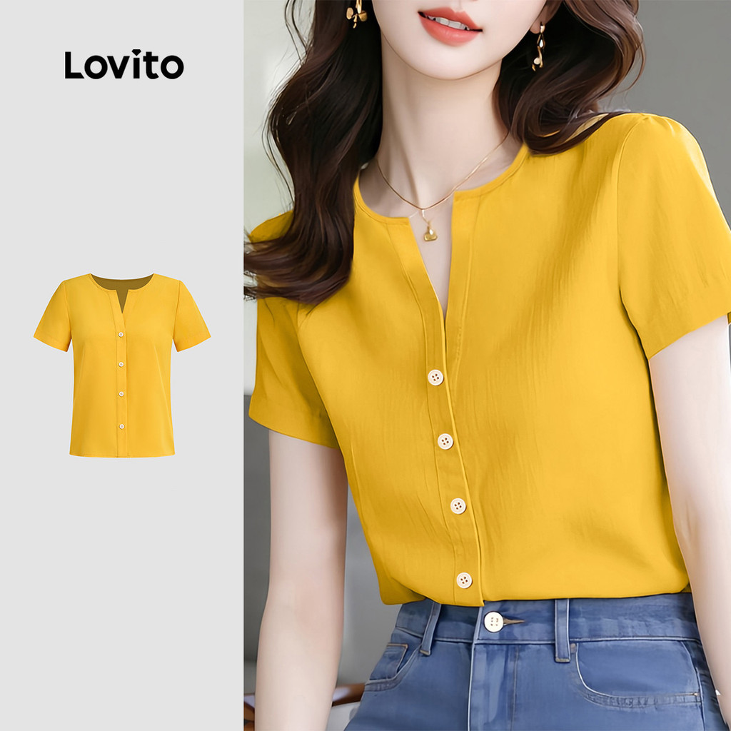 Lovito Blusa Elegante Textura Botões Frontais Estilo Simples Cor Amarelo Claro Primavera/verão Para Mulheres L143ED016 Lovito Blusa Elegante Textura Botões Frontais Estilo Simples Cor Amarelo Claro Primavera/verão Para Mulheres L143ED016