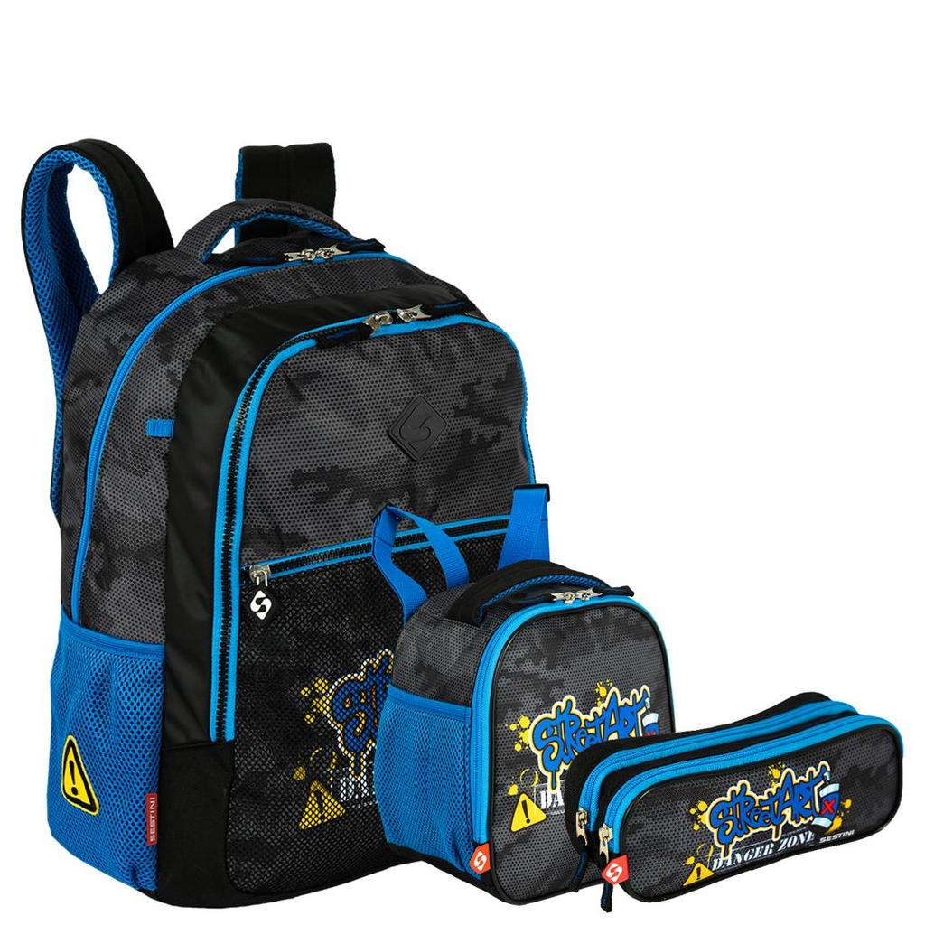 Kit Mochila Grande mais Lancheira Grande e Estojo 2 Compartimentos Sestini X Grafitti – Colorido Kit Mochila Grande mais Lancheira Grande e Estojo 2 Compartimentos Sestini X Grafitti – Colorido