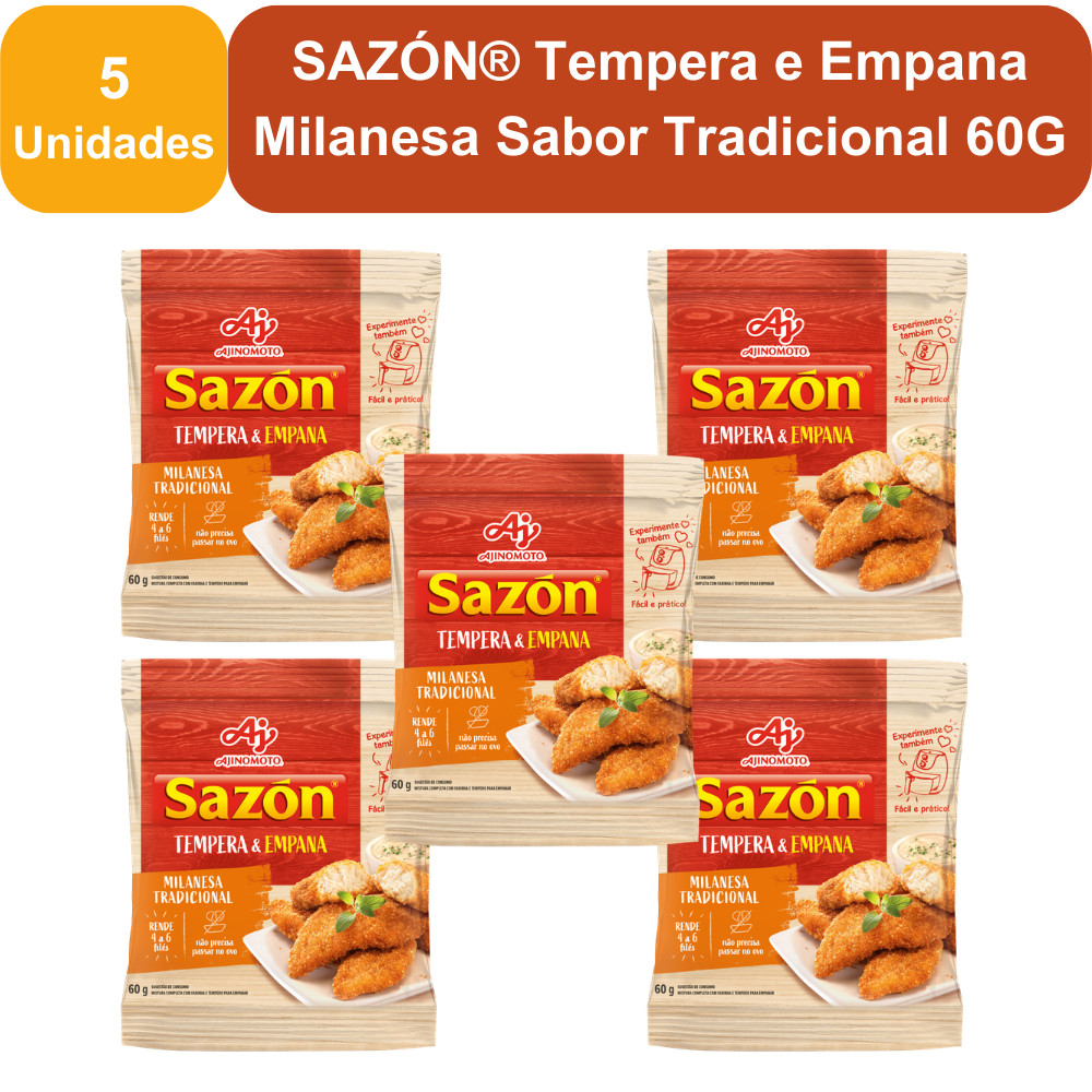 Kit 5 Unidades SAZÓN® Tempera e Empana Milanesa Sabor Tradicional 60G Kit 5 Unidades SAZÓN® Tempera e Empana Milanesa Sabor Tradicional 60G