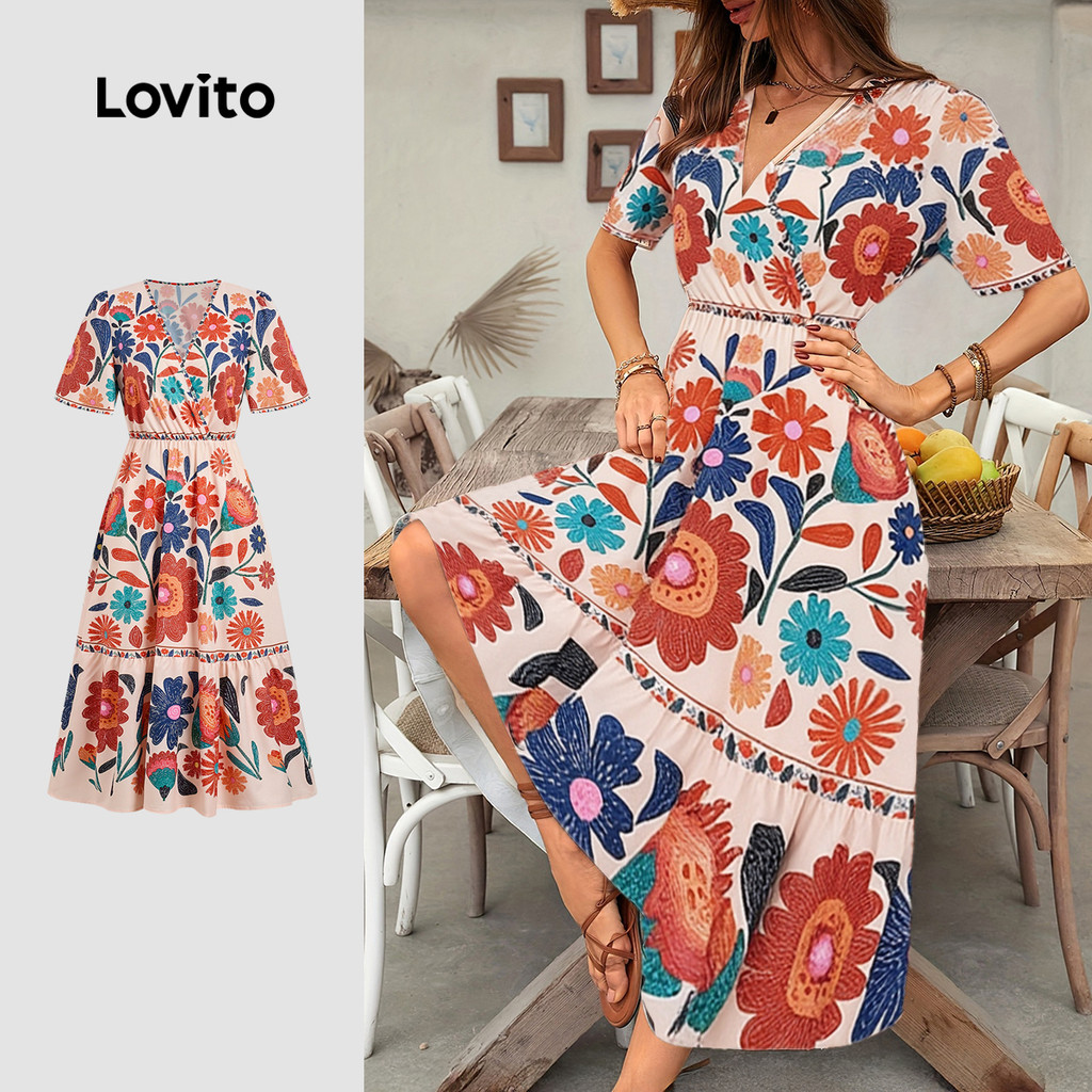Lovito Vestido Longo Estampado Boho Pregado Primavera/Verão para Mulheres LBL32132 Lovito Vestido Longo Estampado Boho Pregado Primavera/Verão para Mulheres LBL32132