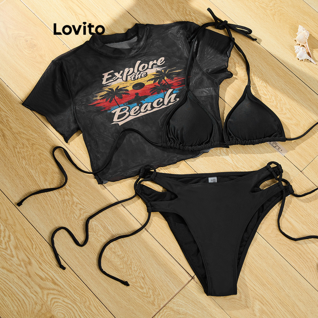 Lovito Conjuntos Boho Com Letras E Recortes Em Malha, Conjuntos De Biquíni Verão/primavera Para Mulheres LBL19756 Lovito Conjuntos Boho Com Letras E Recortes Em Malha, Conjuntos De Biquíni Verão/primavera Para Mulheres LBL19756