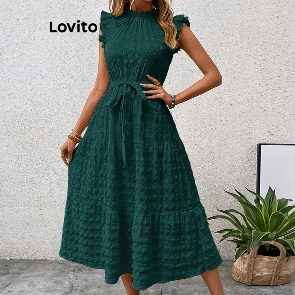 Lovito Vestido Casual Vestido Liso Com Babados Longo Para Mulheres LNL73072 Lovito Vestido Casual Vestido Liso Com Babados Longo Para Mulheres LNL73072
