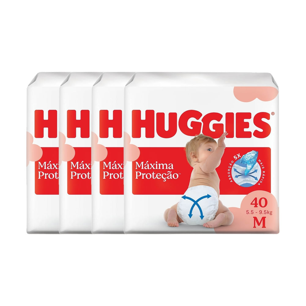 Kit 4 Fralda Huggies Máxima Proteção Tamanho M Mega 40 Unidades Descartáveis Kit 4 Fralda Huggies Máxima Proteção Tamanho M Mega 40 Unidades Descartáveis