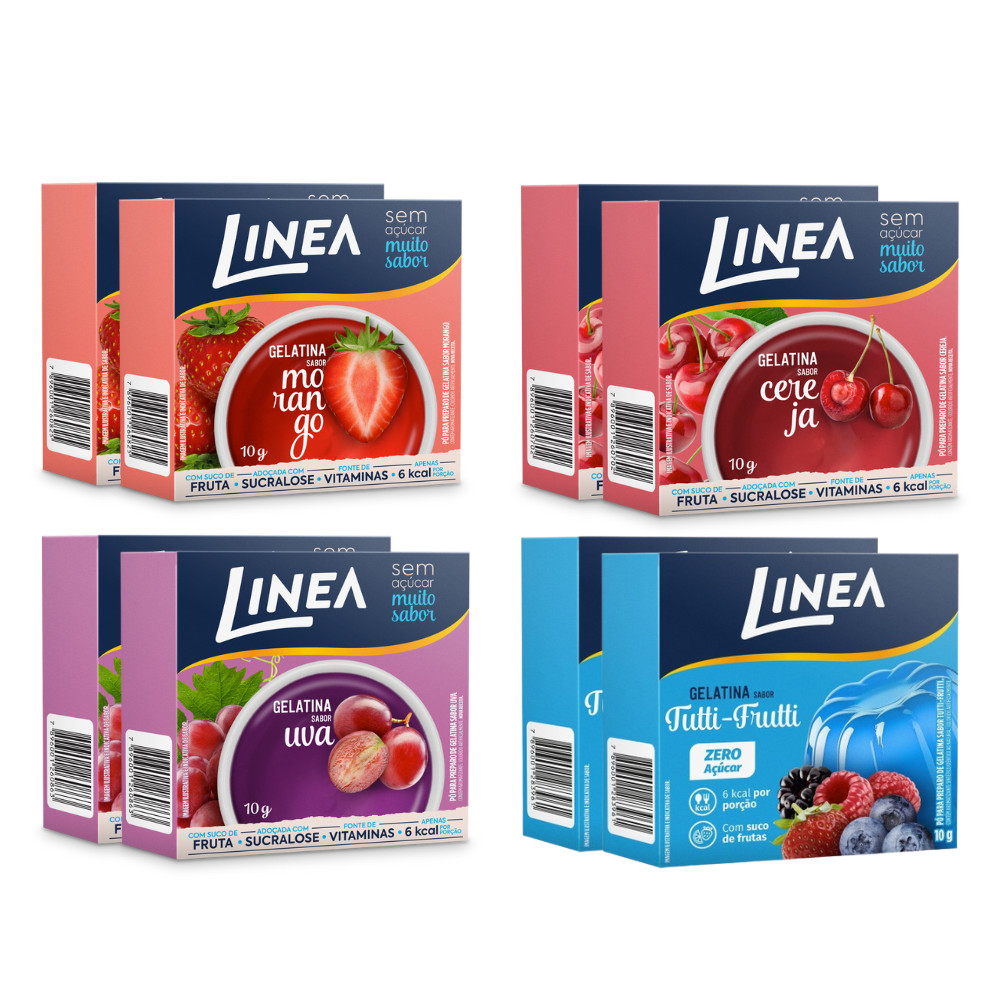 Kit 8 Gelatinas Linea Sabor Morango, Cereja, Uva e Tutti-Frutti 10g Kit 8 Gelatinas Linea Sabor Morango, Cereja, Uva e Tutti-Frutti 10g