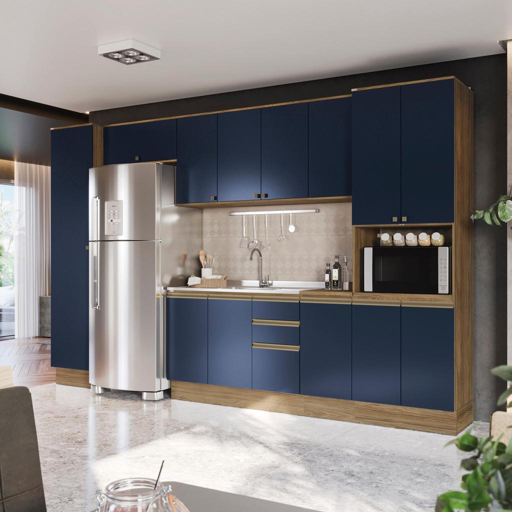 Cozinha Modulada Celeste Kappesberg 100% MDF Nogueira/Azul 360cm Cozinha Modulada Celeste Kappesberg 100% MDF Nogueira/Azul 360cm