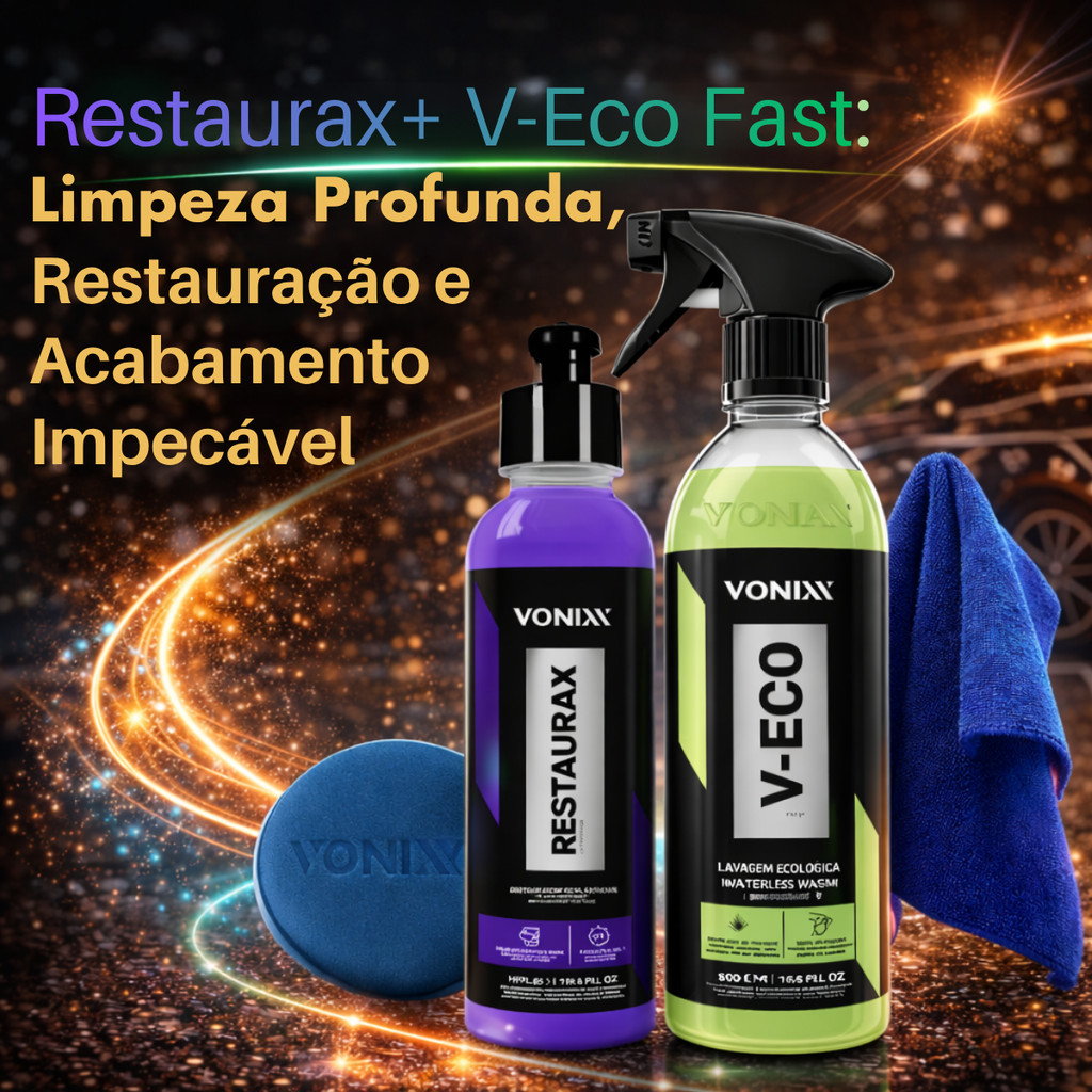 Kit V-Eco Fast + Restaurax Vonixx Limpeza Ecológica e Renovação de Plásticos Completo Kit V-Eco Fast + Restaurax Vonixx Limpeza Ecológica e Renovação de Plásticos Completo