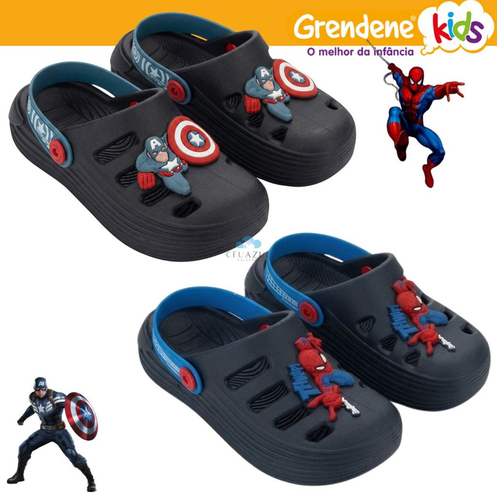 Sandália Babuche Marvel Kicks Infantil Capitão América e Homem Aranha Clog Original Sandália Babuche Marvel Kicks Infantil Capitão América e Homem Aranha Clog Original