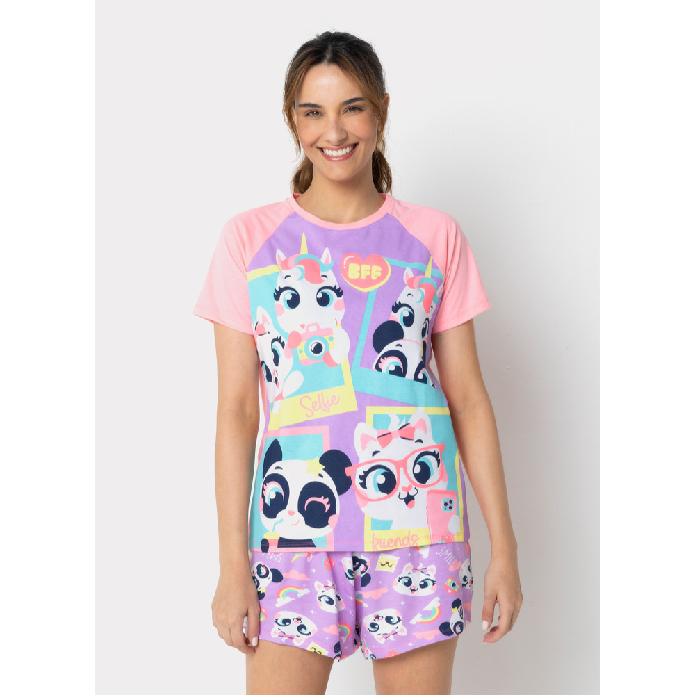 Pijama Manga Curta Viscolycra Feminino Multibichos – Puket Pijama Manga Curta Viscolycra Feminino Multibichos – Puket