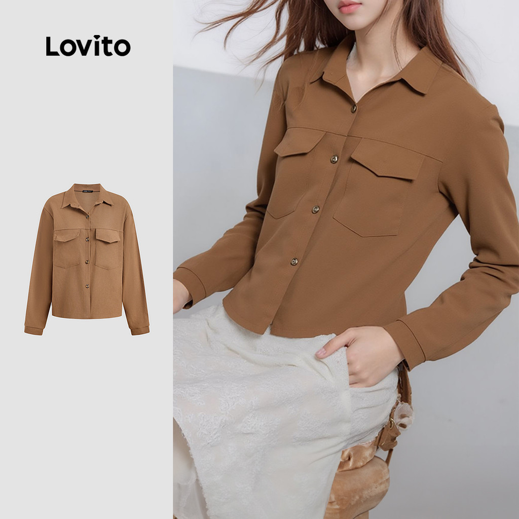 Lovito Blusa Casual Com Bolso Liso E Botão Frontal Para Mulheres LNA29011 (Multicolorido) Lovito Blusa Casual Com Bolso Liso E Botão Frontal Para Mulheres LNA29011 (Multicolorido)