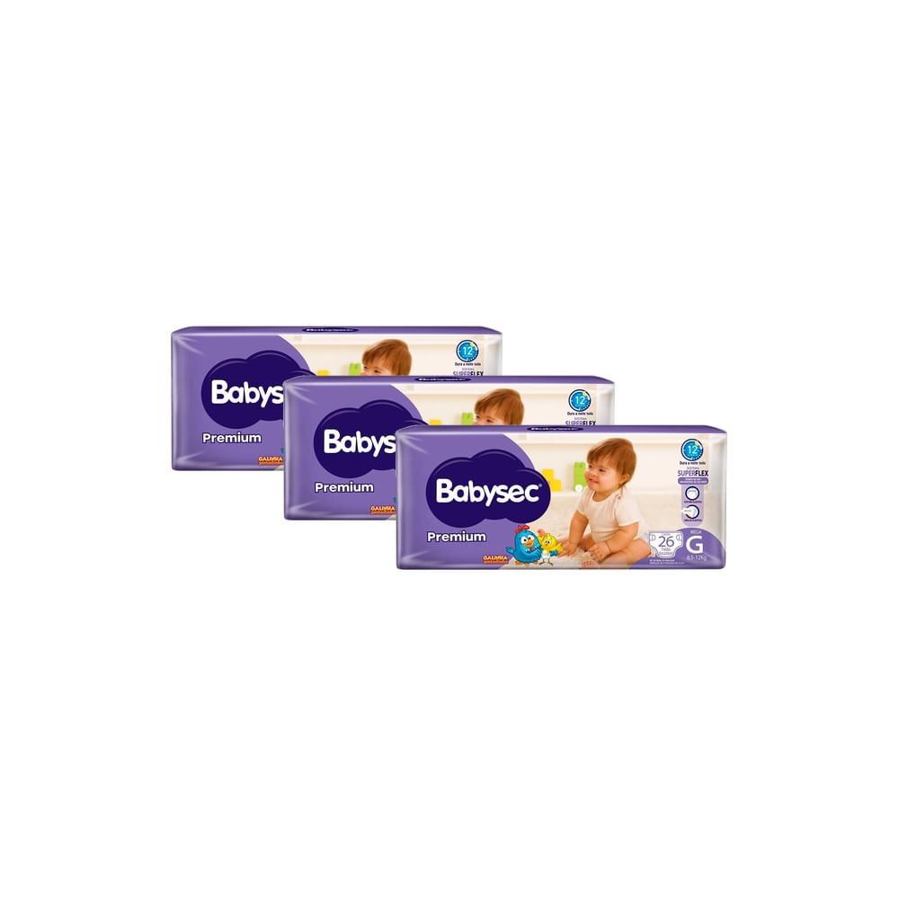 Kit 3 Fralda Babysec Premium Tamanho G Pacote Mega 26 Unidades Descartáveis Kit 3 Fralda Babysec Premium Tamanho G Pacote Mega 26 Unidades Descartáveis