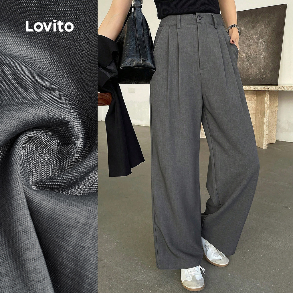 Lovito Calça Casual Plissada Primavera/verão Cinza Escuro para Mulheres. L172LD1452 Lovito Calça Casual Plissada Primavera/verão Cinza Escuro para Mulheres. L172LD1452