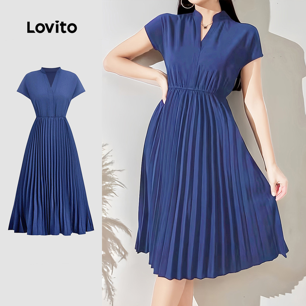Lovito Vestido Elegante Plissado Primavera/verão Azul Marinho para Mulheres L172ED1122 Lovito Vestido Elegante Plissado Primavera/verão Azul Marinho para Mulheres L172ED1122