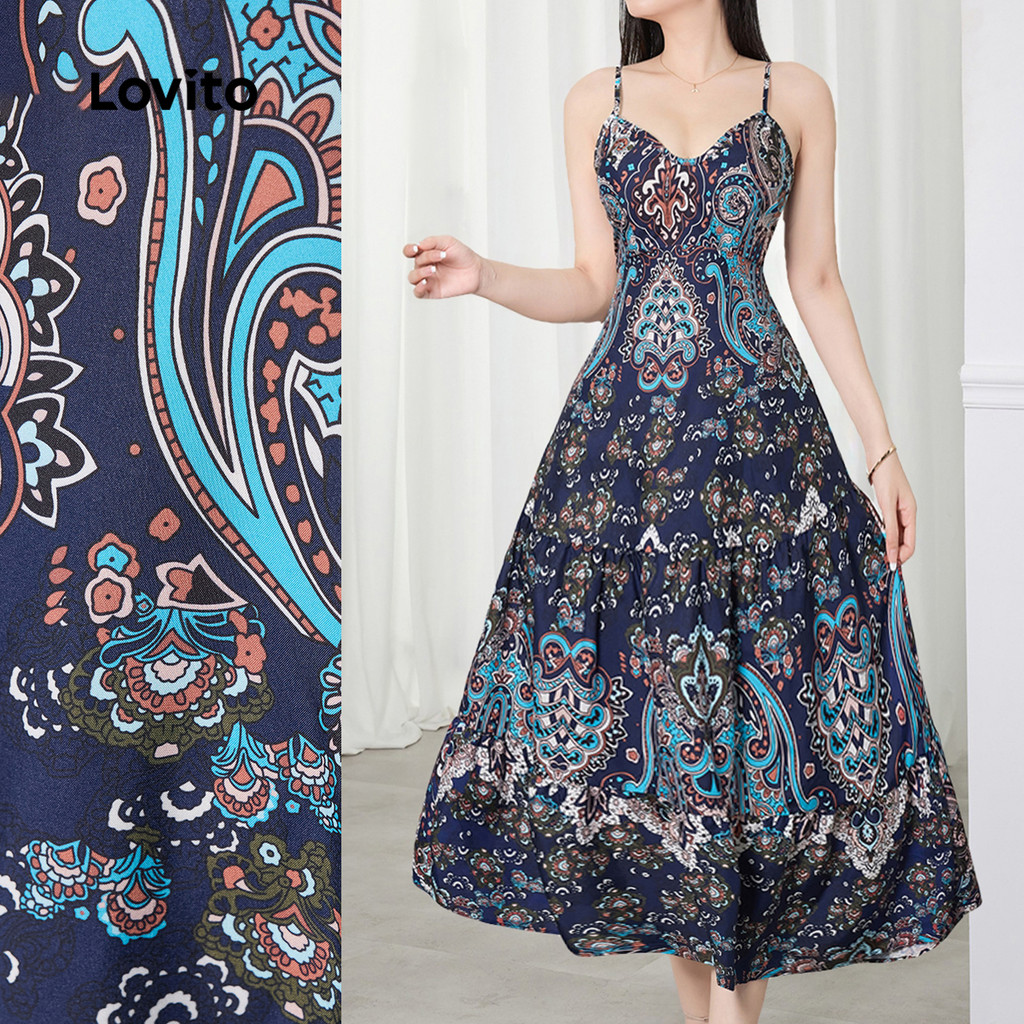 Lovito Vestido Boho com Franzido para Primavera/verão para mulheres L154LD170 Lovito Vestido Boho com Franzido para Primavera/verão para mulheres L154LD170
