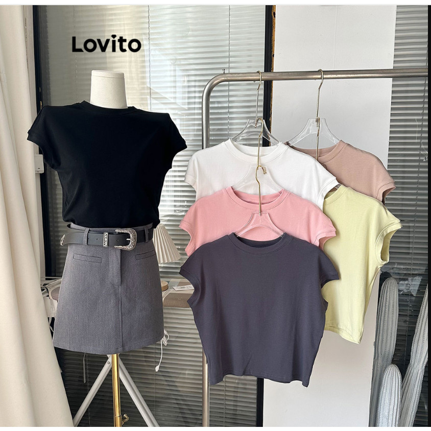 Lovito Casual Camiseta Feminina Lisa Básica TSNS50EX314 Lovito Casual Camiseta Feminina Lisa Básica TSNS50EX314
