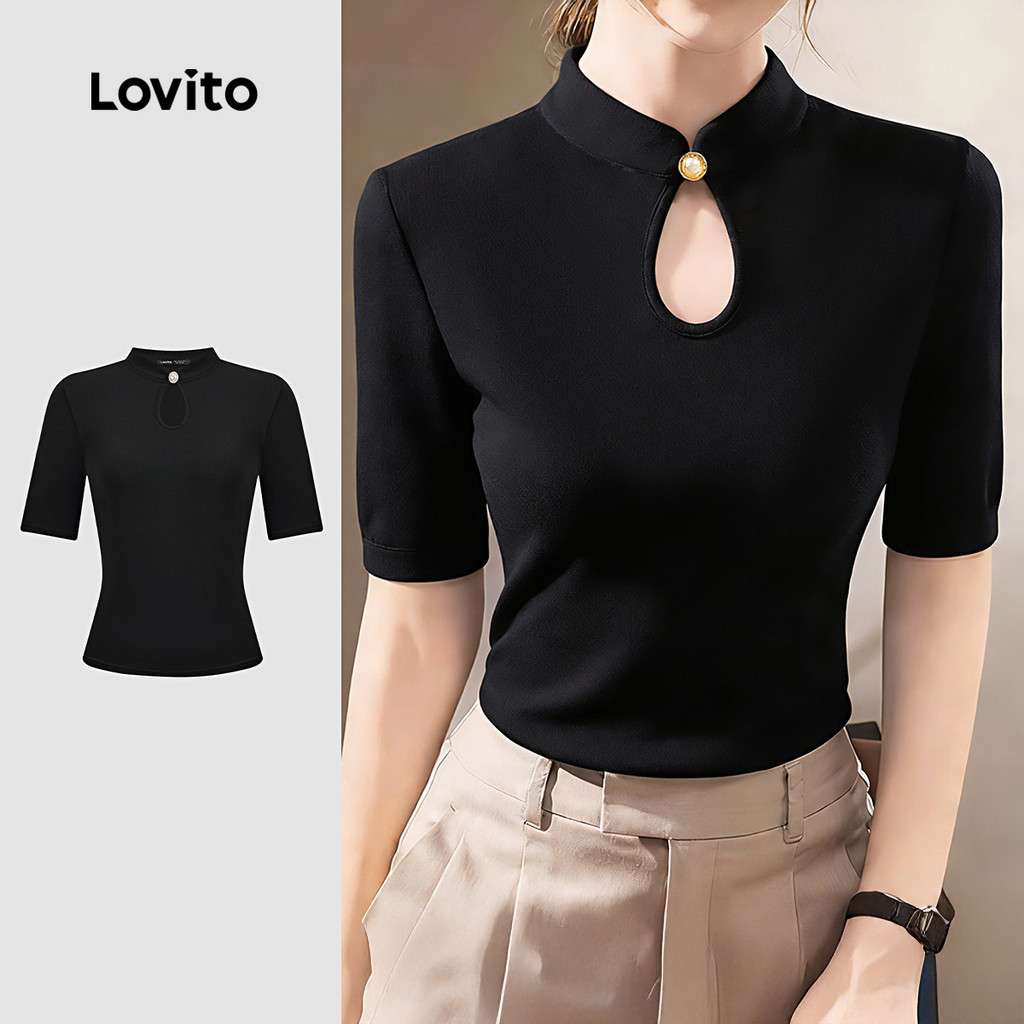 Lovito Casual Tshirt Nova Camiseta Preta Feminina Estilo Chinês Primavera/Verão LK2ED1656