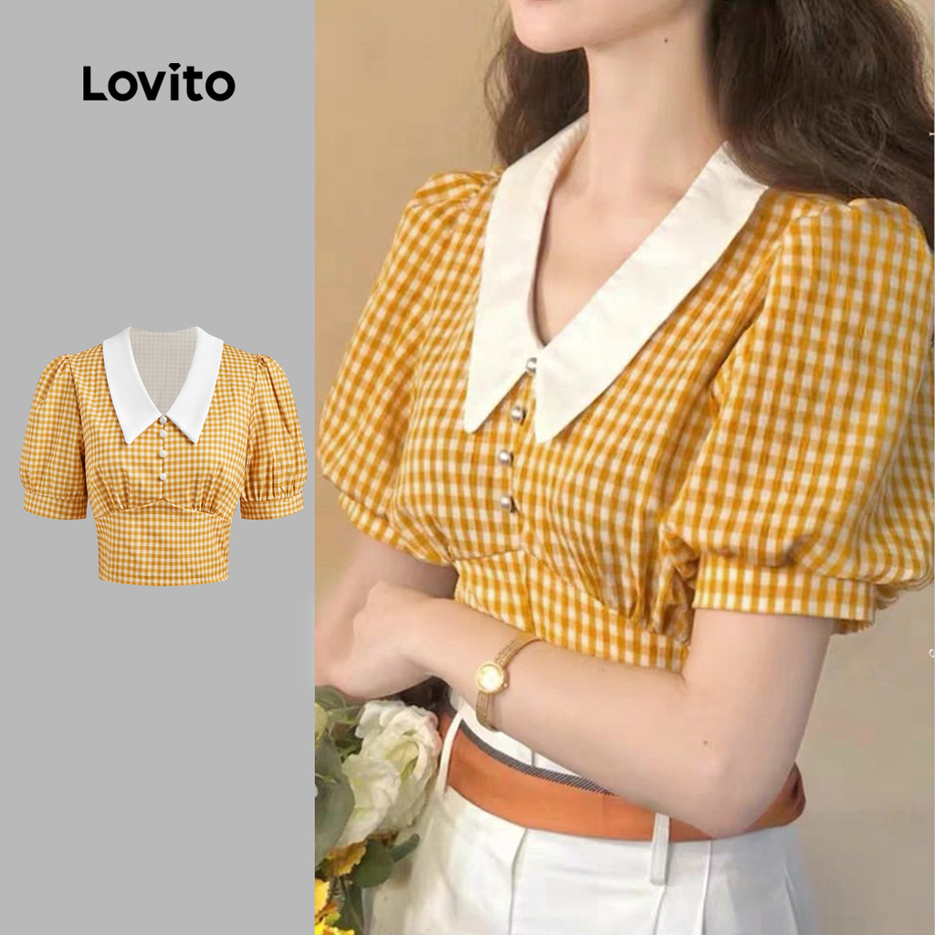 Lovito Blusa Casual xadrez Colorblock pérolas para mulheres L129ED598 Lovito Blusa Casual xadrez Colorblock pérolas para mulheres L129ED598