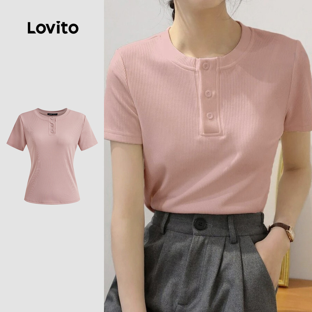 Lovito Camiseta casual lisa com botões para mulheres L123ED210