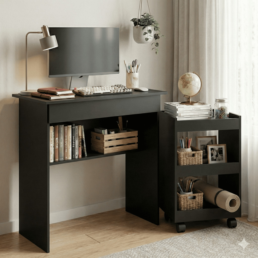 Kit Estudo Home Office Mesa Compacta + Armário para Livros com Rodinhas Kit Estudo Home Office Mesa Compacta + Armário para Livros com Rodinhas