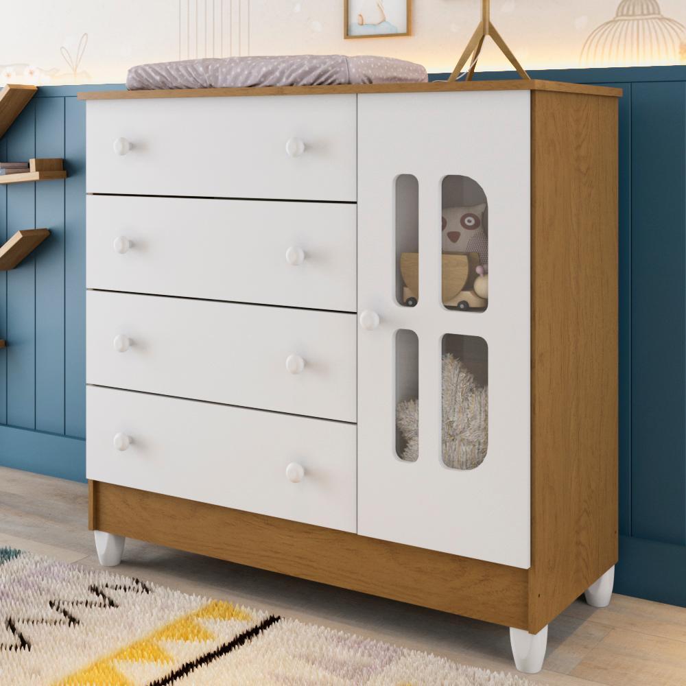 Cômoda Infantil 4 Gavetas com Porta Fraldário Gabrielle 100% MDF Branco Bétula Cômoda Infantil 4 Gavetas com Porta Fraldário Gabrielle 100% MDF Branco Bétula