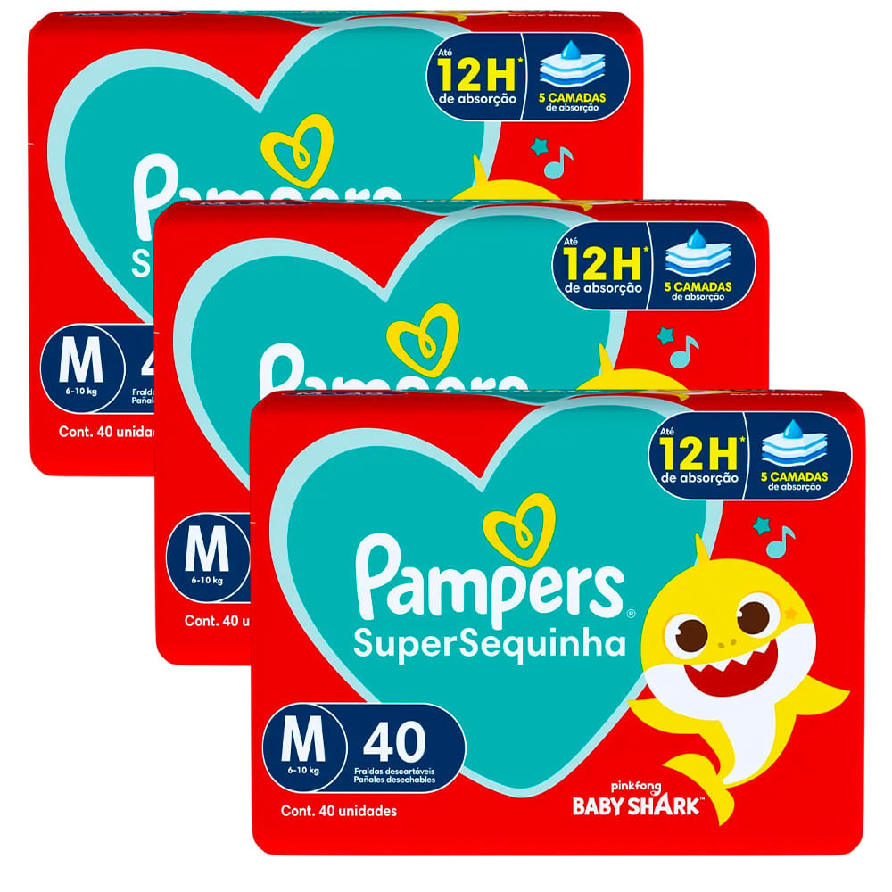 Kit 3 Fraldas Descartáveis Pampers Supersequinha Mega M – 120 Tiras Kit 3 Fraldas Descartáveis Pampers Supersequinha Mega M – 120 Tiras